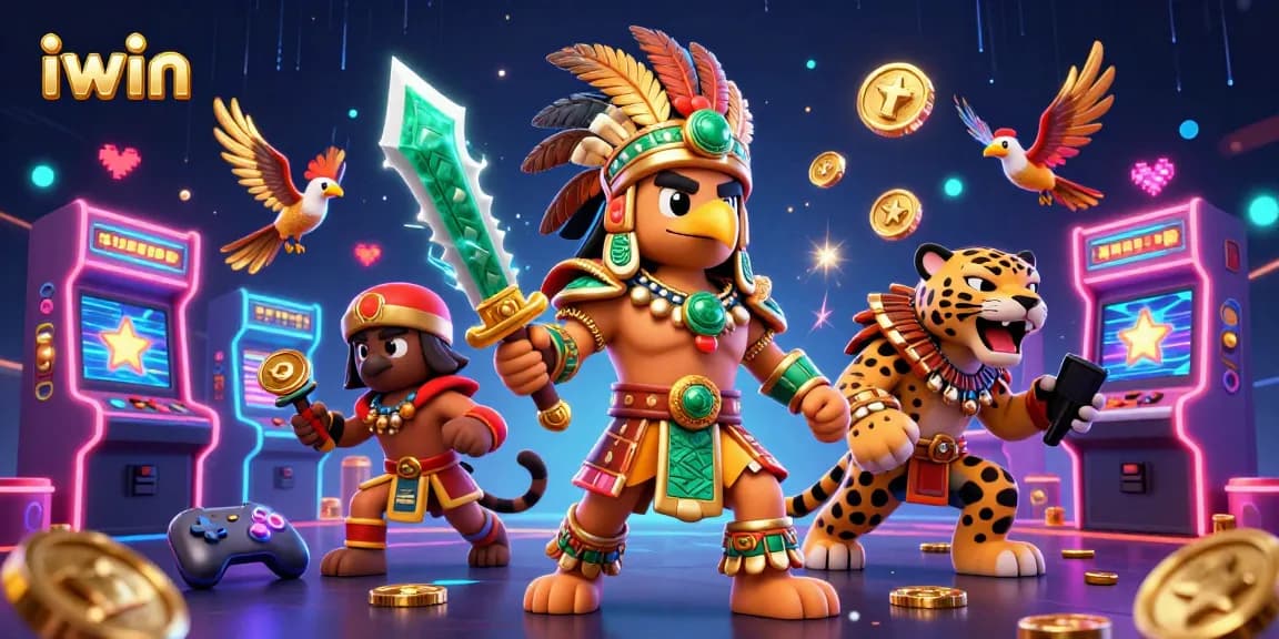 iwin your way to big wins in a vibrant 3D casino scene with Aztec warriors and gaming elements