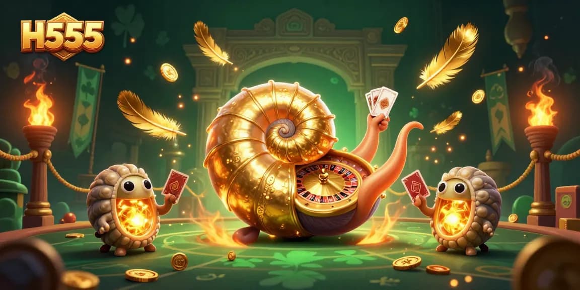 Experience the thrill of H555's vibrant casino scene with a nautilus roulette wheel and glowing cards.