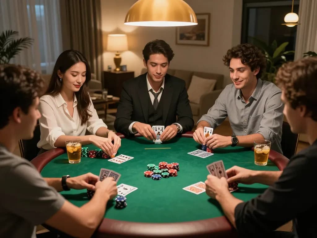 Enjoying top game bài đổi thưởng during a lively home poker night with friends and strategy.