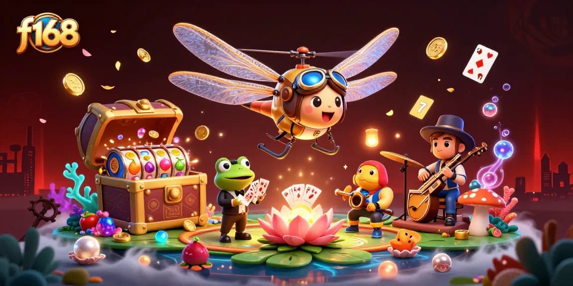 Experience the vibrant world of f168 Casino with a dragonfly pilot, frog dealer, and dynamic gaming action.