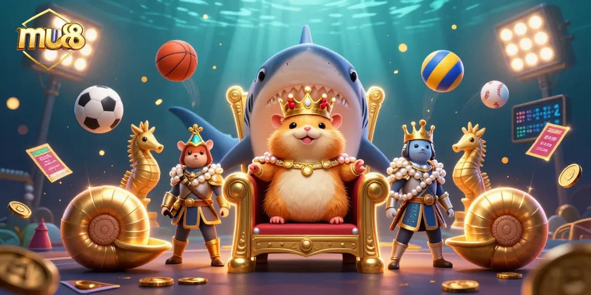 Win big at mu88 with a dynamic, ultra-detailed 3D casino illustration showcasing a hamster king and sports betting elements.