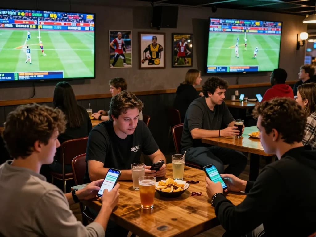 Soi keo sports betting excitement captured in a lively bar atmosphere with engaged patrons using mobile apps.