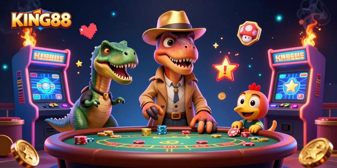 King88 velociraptor card counter engages at blackjack table amidst vibrant game elements.