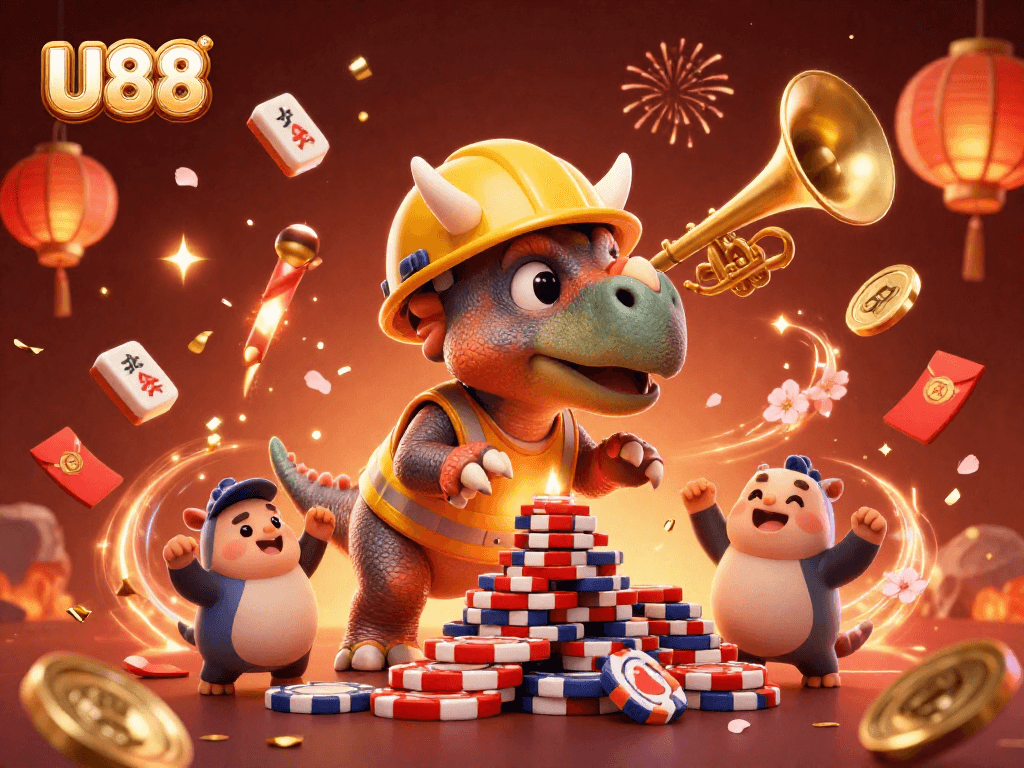 U88 brings excitement as a triceratops builds poker chip pyramid amidst festive decorations.