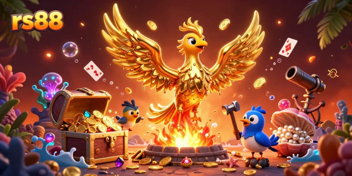 Win big at rs88 with a golden phoenix amidst underwater treasures and vibrant casino elements.