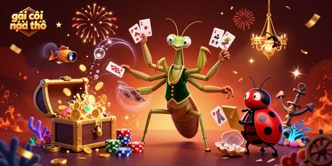 Gái gọi cần thơ showcases a vibrant casino scene featuring a giant praying mantis card sharp and ladybug pit boss.