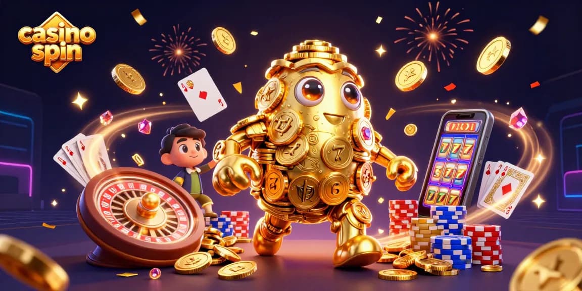 Engage in casino spin activities with a dynamic golem and festive elements showcasing luck and entertainment.