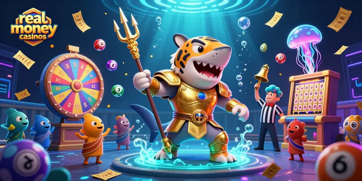 Experience thrilling real money casinos with an epic underwater scene featuring a shark in gladiator armor.