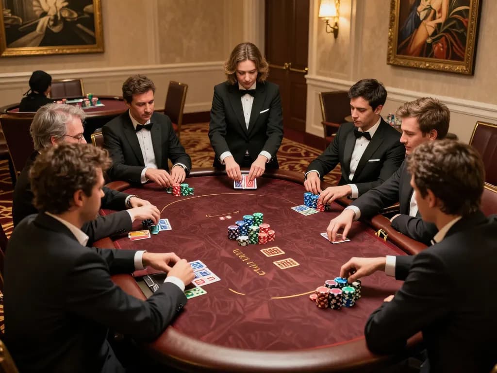 O8 players intensely focused at a high-stakes poker table in an upscale casino atmosphere.