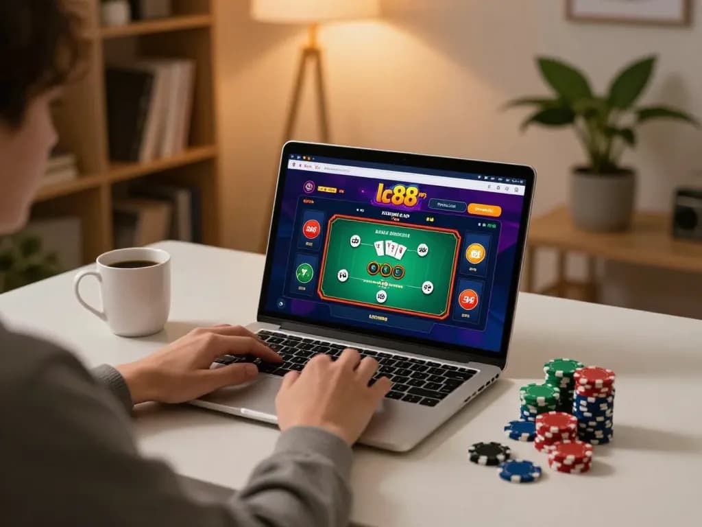 Engaging with lc88app on a laptop while enjoying online casino gaming in a cozy home setting.