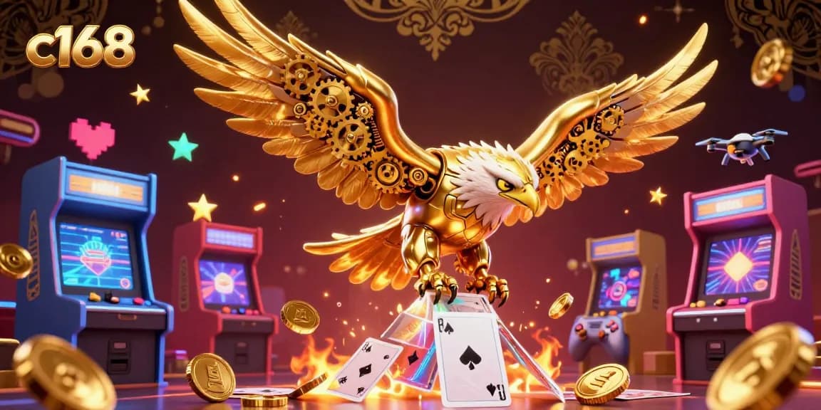 Experience the exhilarating dive of the c168 cybernetic eagle amidst holographic casino cards, showcasing vibrant gaming elements.