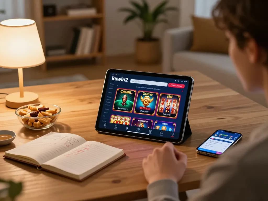 Kuwin2 player using a tablet for online casino betting in a cozy home setting with strategic notes.