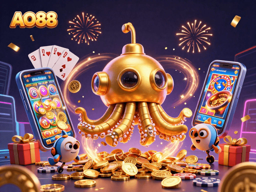 AO88 showcases a captivating 3D casino scene featuring a golden kraken submarine amidst golden coins, rich in gaming elements.