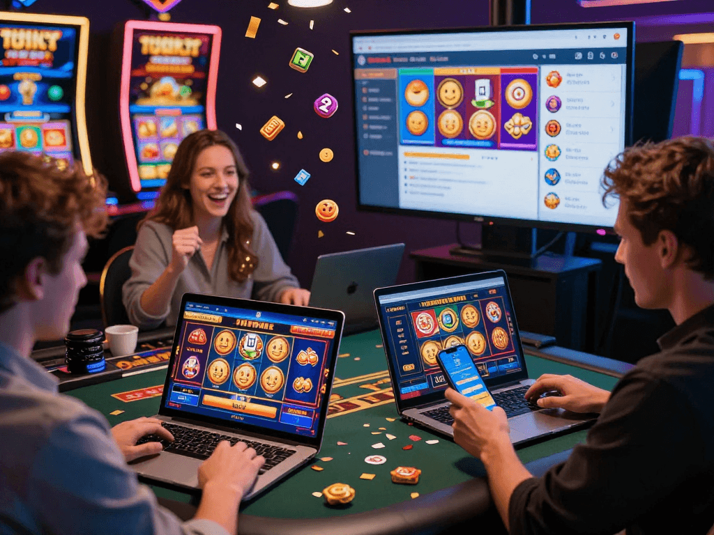 Exciting rokok88 online casino gaming scene with players interacting on devices