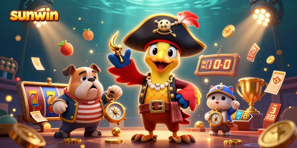 Join the fun with sunwin as a pirate captain leads a lively casino adventure filled with slot game elements.