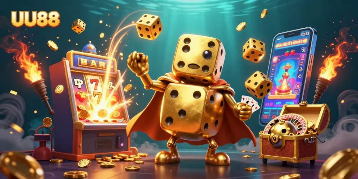 Engage with UU88's vibrant casino world featuring golden dice, slots, and exciting gameplay.