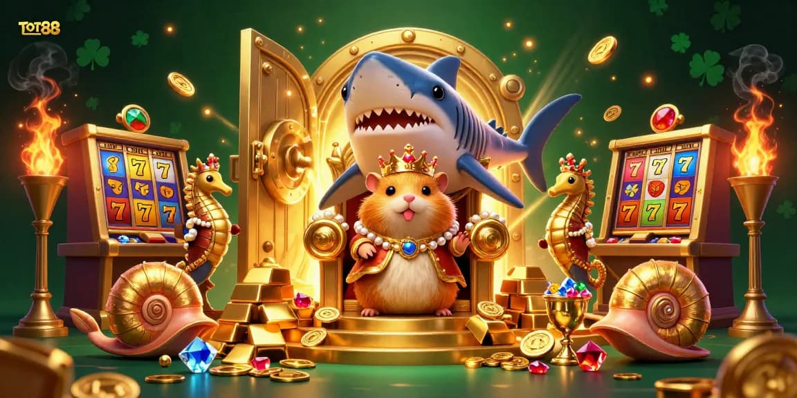 Engage in fantastic gameplay with TOT88, featuring treasures and the golden hamster king surrounded by dancing lights.