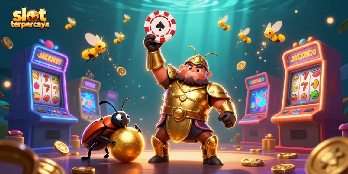 Experience slot terpercaya with a victorious beetle character amidst dynamic visual elements in this vibrant illustration.
