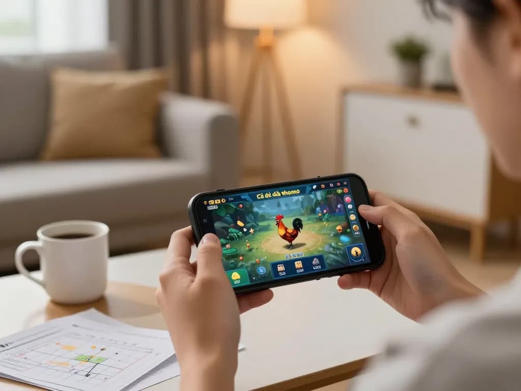 Cá đó đá gà thomo trực tiếp trên smartphone với ghi chú chiến lược trong không gian ấm cúng