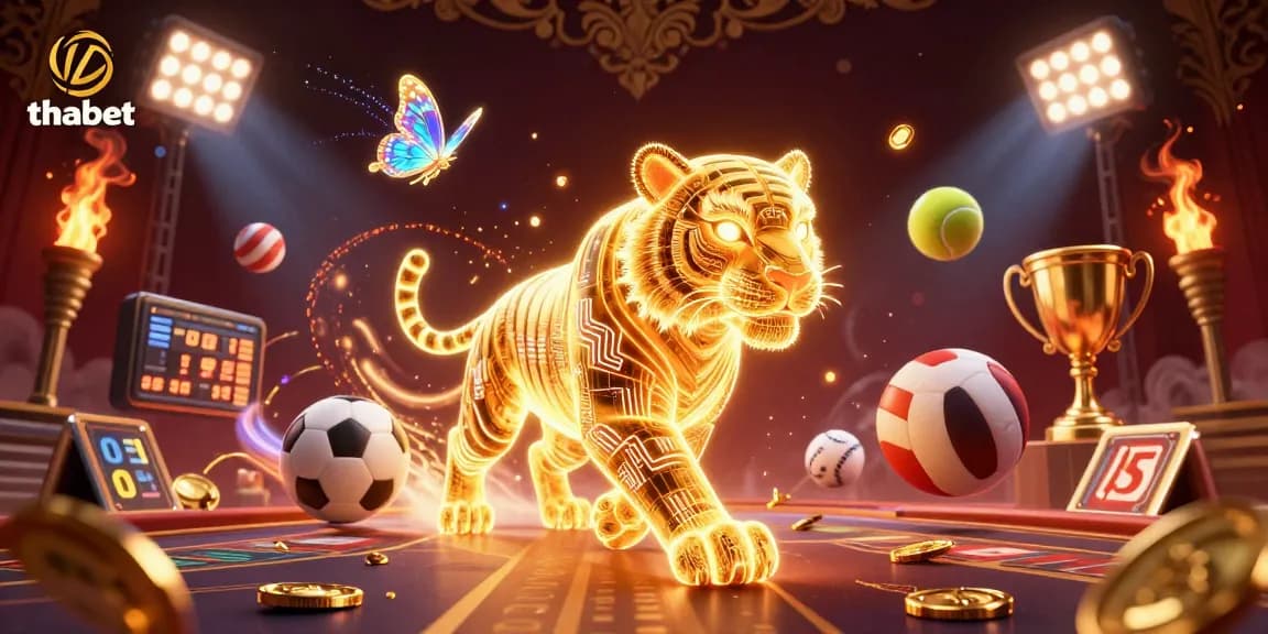 Experience the thrill of thabet with a vibrant 3D casino scene featuring a golden tiger and sports elements.