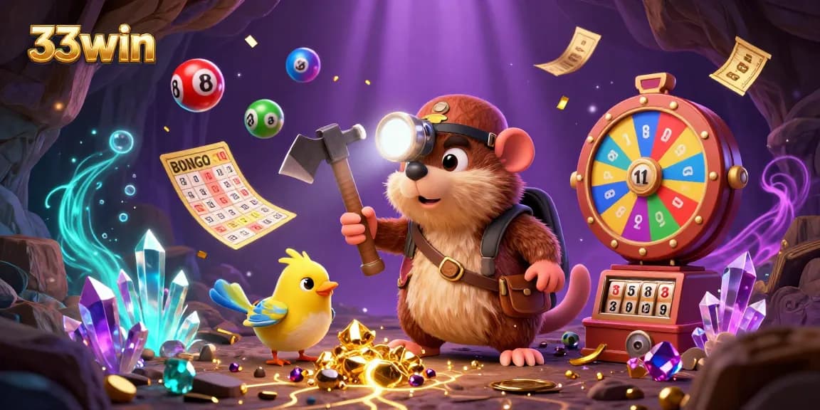 Experience winning excitement with 33win in an ultra-detailed 3D illustration of a treasure hunter casino adventure.