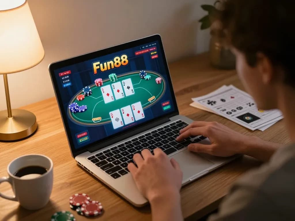 Player engaged with Fun88 casino game on laptop in a cozy home environment, emphasizing responsible gambling.