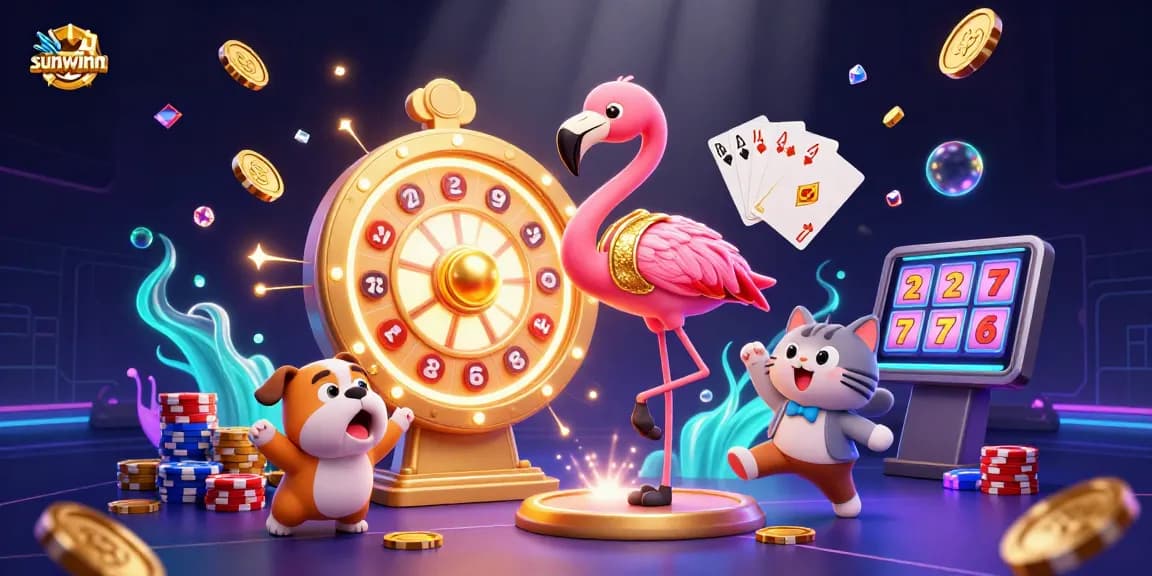 Experience vibrant games at sunwinn featuring a flamingo host, bulldog contestant, prizes, and casino elements.