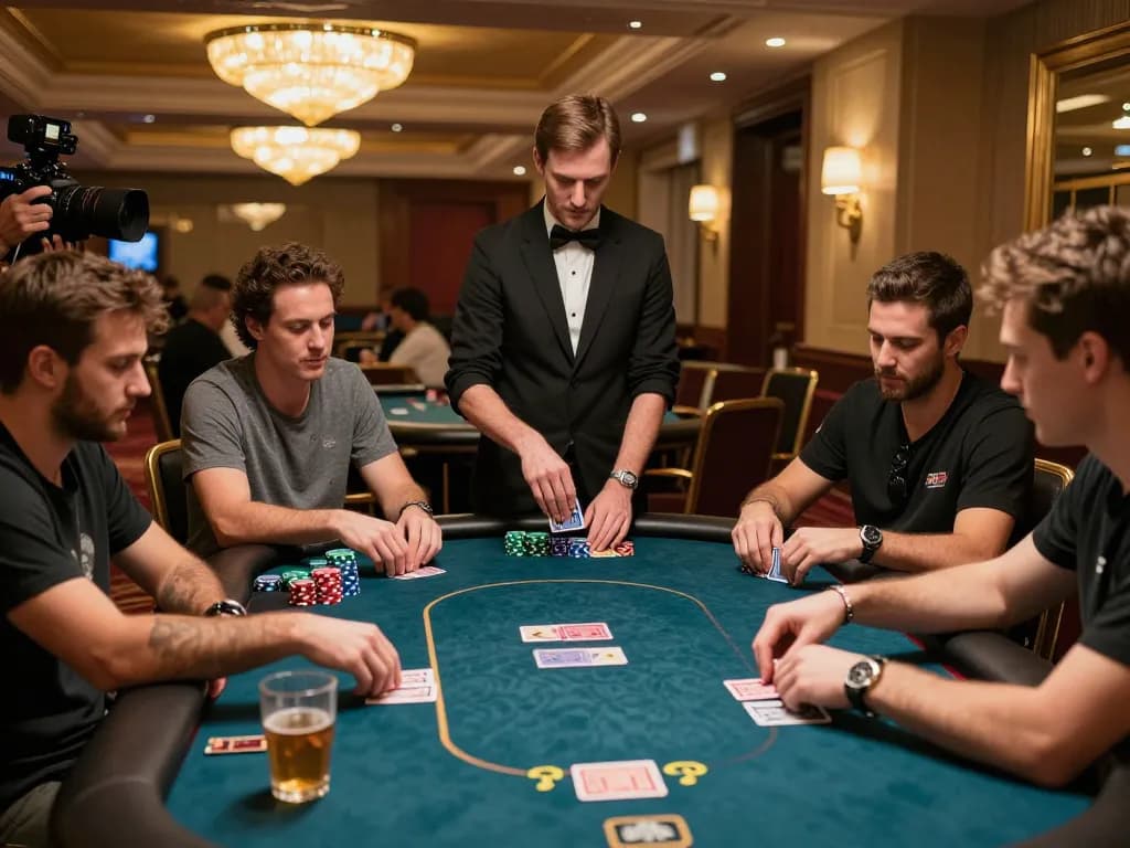 Engaged players strategizing at UFASEXYGAME's upscale poker table in a luxurious casino.