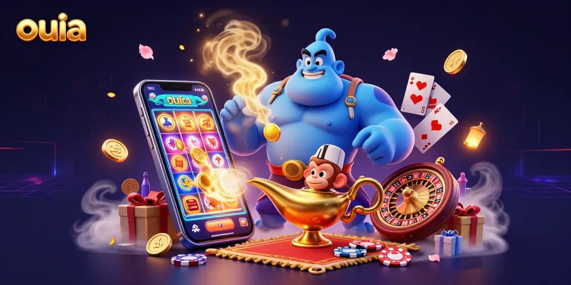 Experience the thrill of gambling with ouia, featuring a genie, poker chips, and colorful slot games.