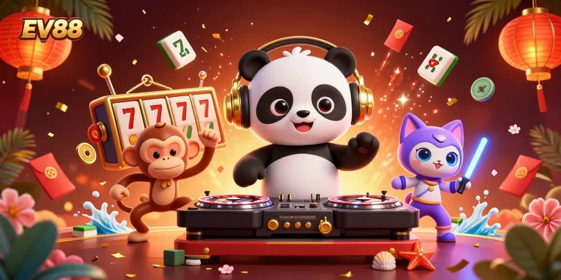 Experience thrilling gaming at EV88 with DJ panda, breakdancing monkey, and glowing kitten in a vibrant casino scene.