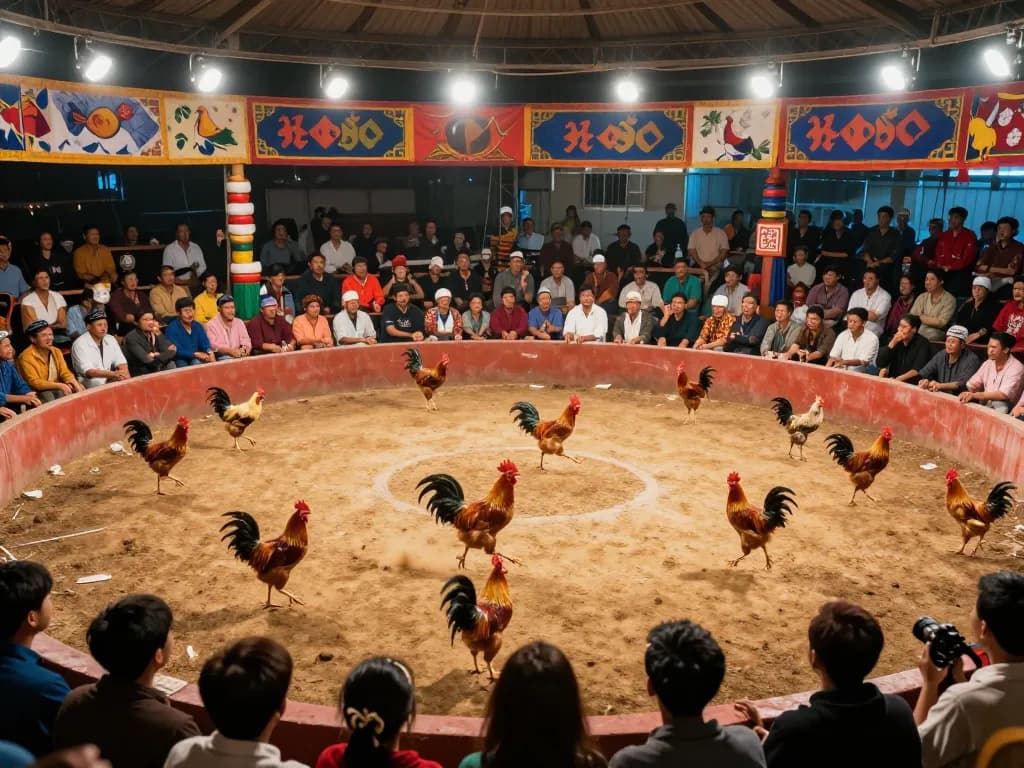Xem đá gà thomo HD trực tiếp trong hành động, arena sống động nhộn nhịp với những khán giả năng động cổ vũ