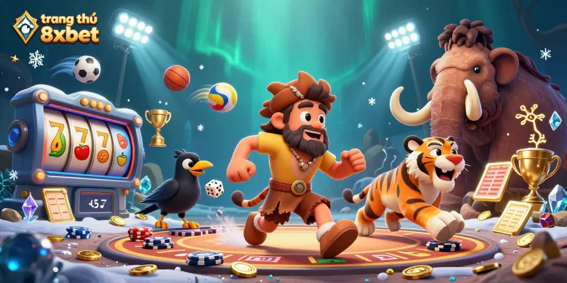 Experience the excitement at trang chủ 8xbet with a dynamic prehistoric casino scene of unique characters and vibrant sports elements.