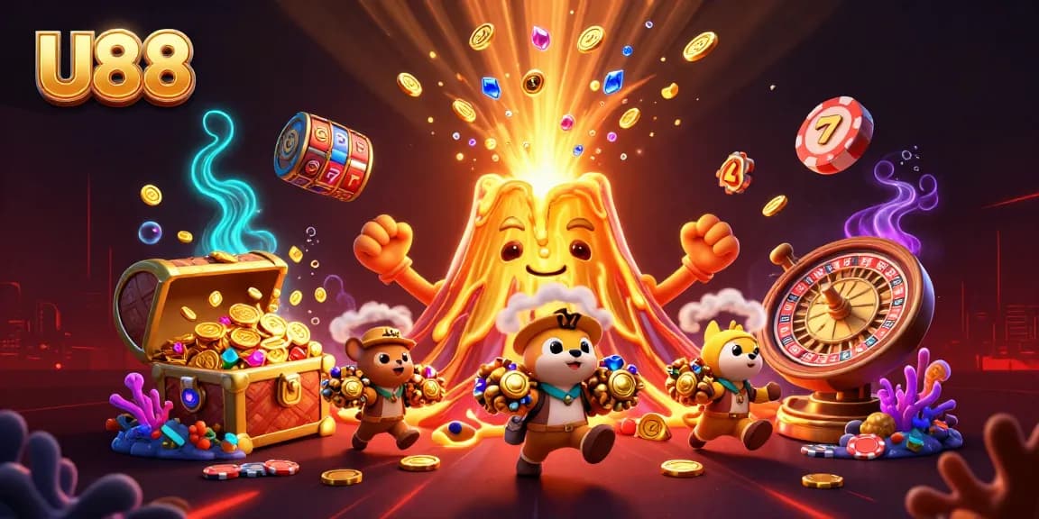 Engage in U88 jackpot excitement with a triumphant volcano and thrilling slot elements.