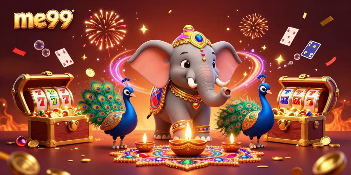 Experience exciting wins at me99 with vibrant slots, sparkling treasures, and festive 3D elements.