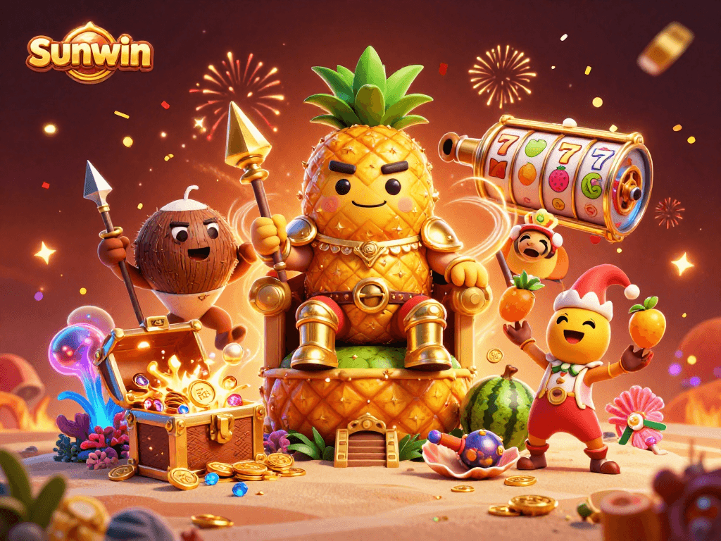 Experience the thrill of sunwin with a vibrant beach casino scene featuring playful characters and rich casino elements.