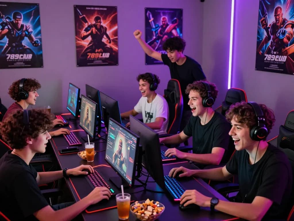 Excited friends playing games on the 789club platform in a lively gaming room.