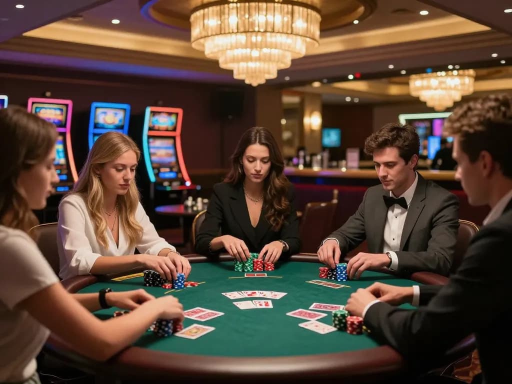 Friends playing poker at a luxurious casino table, showcasing excitement at lc88. com