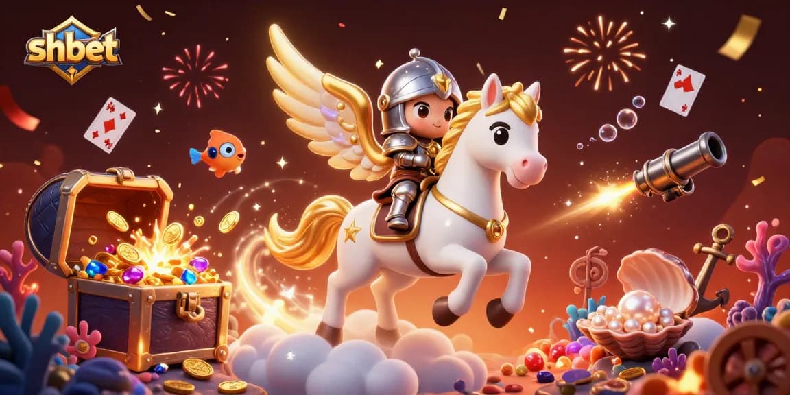 Engage with the shbet gaming universe, featuring a golden-winged horse and treasures in an exhilarating 3D digital illustration.