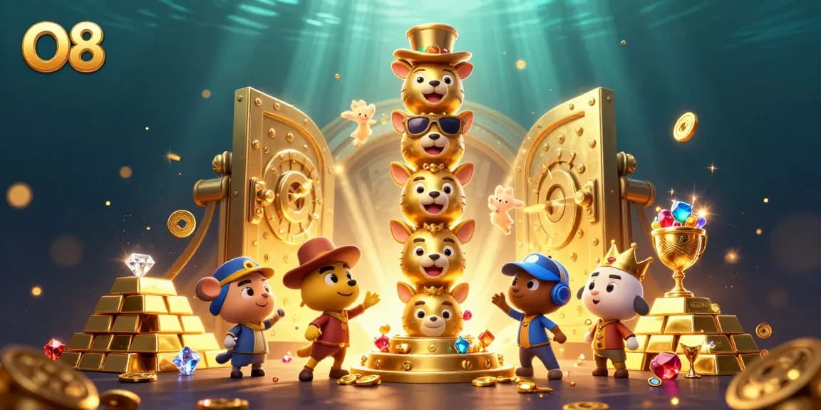 Engage with the vibrant world of O8, showcasing dynamic animations around a golden totem and treasure elements.