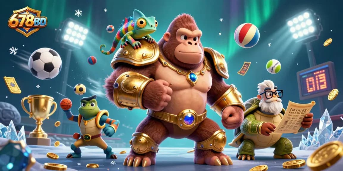 Engage with 678BD's vibrant casino adventure, showcasing characters amidst dynamic gambling elements.