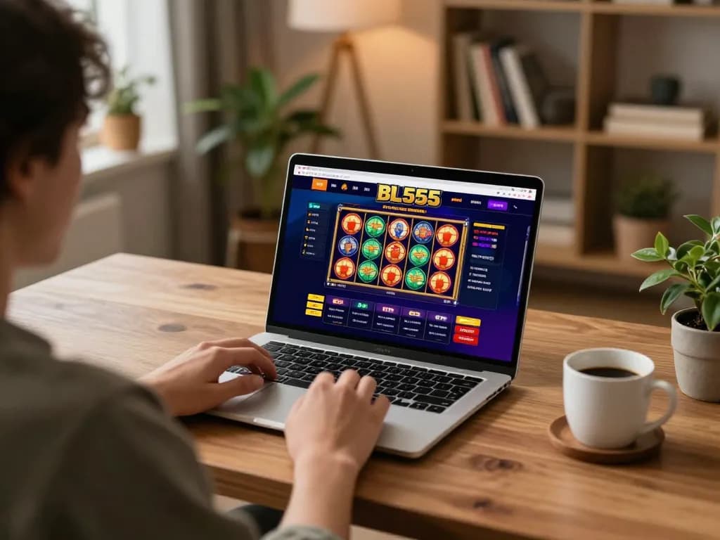 Player enjoying online slots on BL555 platform at home in a cozy setting.