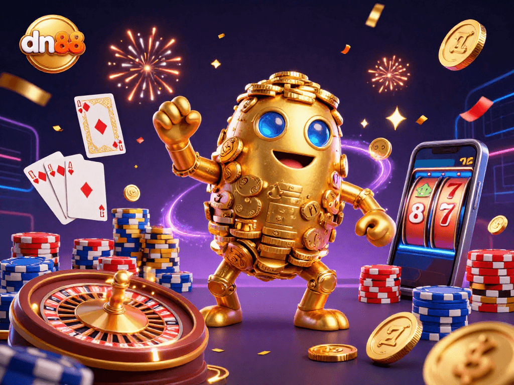 Experience winning with dn88's vibrant 3D gambling scene filled with gold coins and exciting game elements.