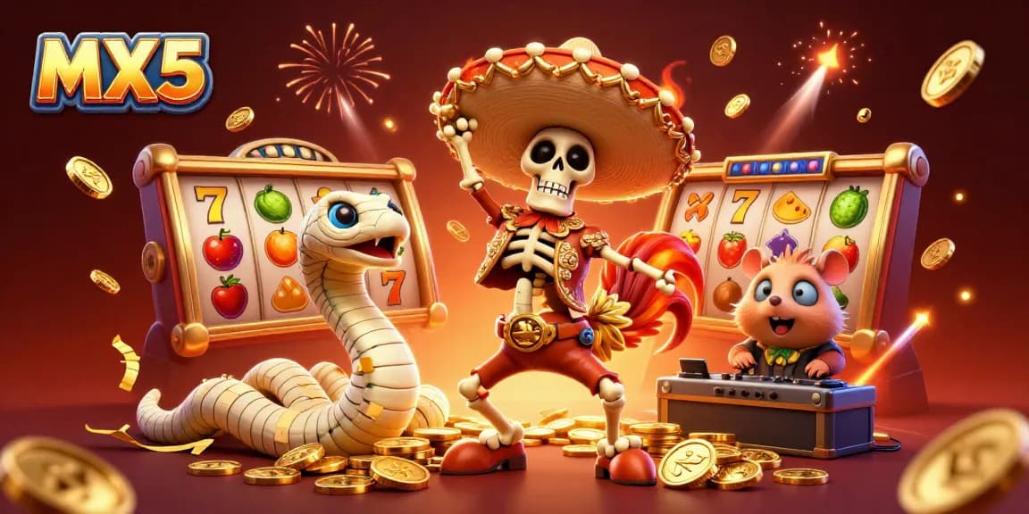 Experience excitement with MX5 as a mariachi rooster dances atop golden coins in this vibrant casino illustration.