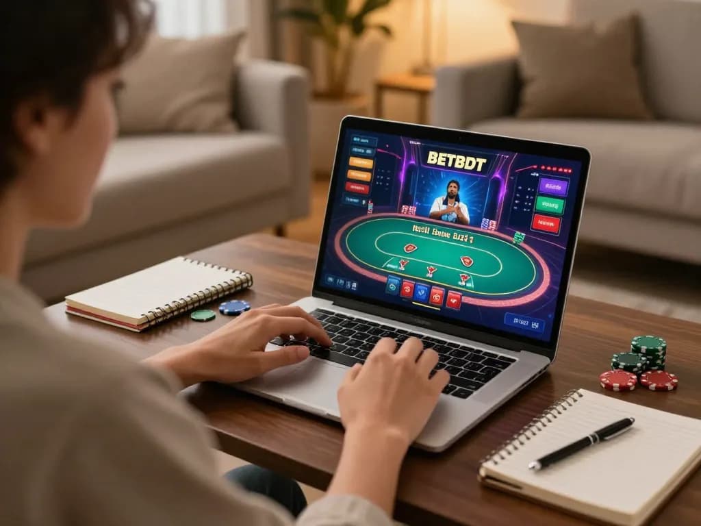 Player engaging with BETBDT online casino, showcasing vibrant poker game at home.