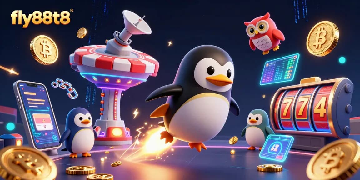 Experience the excitement of fly88t8 with our golden penguin, coins, and vibrant digital casino elements.