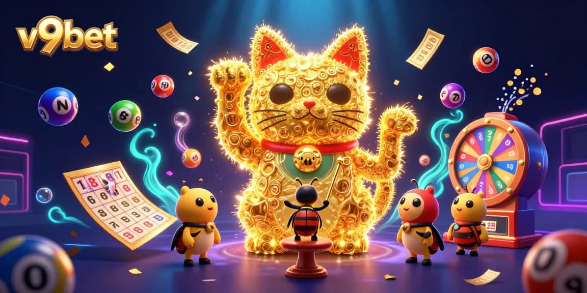 Engage with exciting gaming experiences at v9bet, featuring vibrant lottery balls, a lucky cat, and casino symbols.
