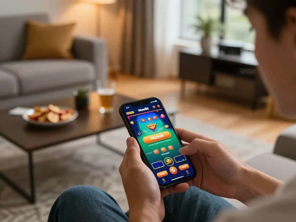 Engaging online gaming experience at home with Man88 app on smartphone, showcasing premium features.