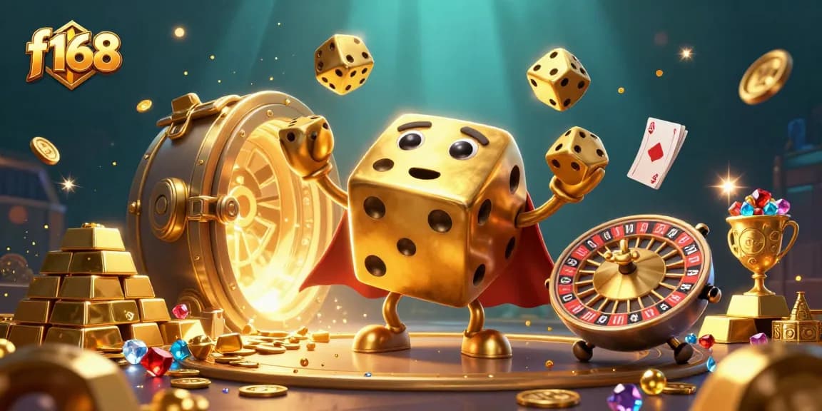 Win big at f168 with this vibrant casino-themed illustration featuring golden dice and treasures.