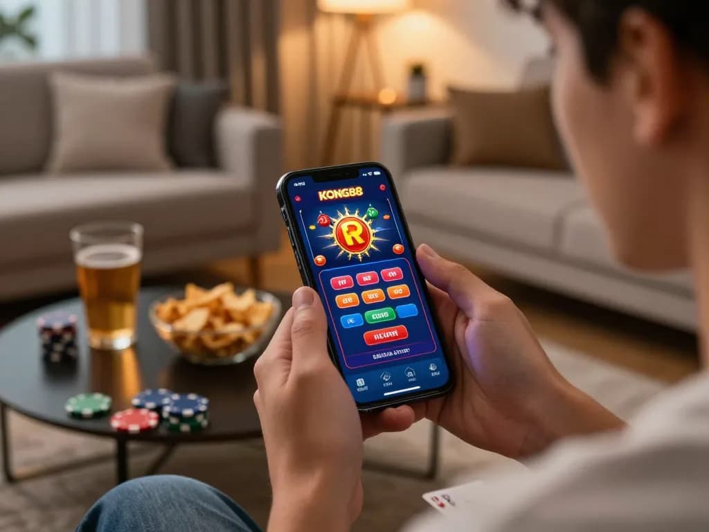 KONG88 mobile app experience with user engaged in online betting in a cozy home setting.