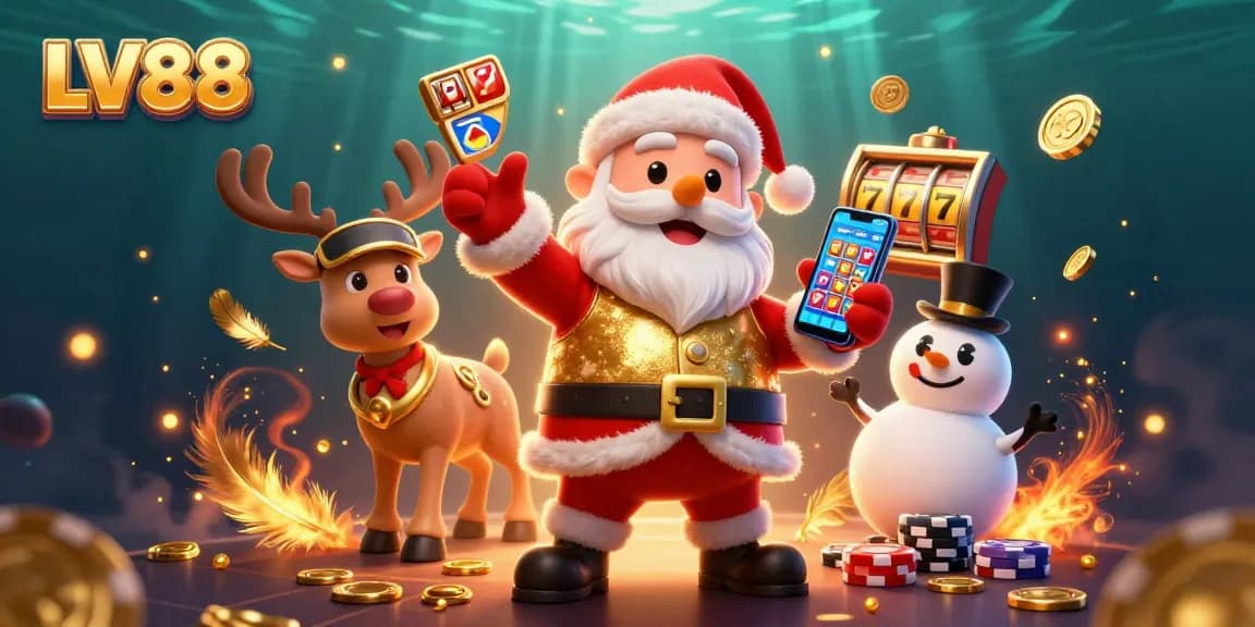 Experience the excitement of LV88's jackpot slots with Santa and friends in a vibrant casino scene.